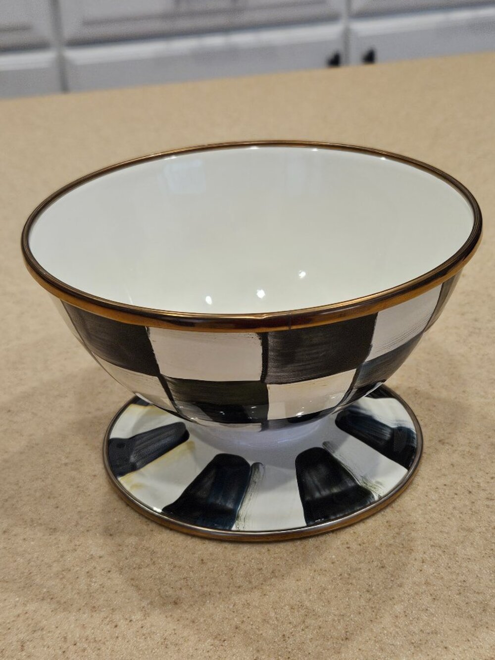 RARE MACKENZIE CHILDS BLACK COURTLY CHECK ENAMEL ICE CREAM STORAGE BOWL DISH